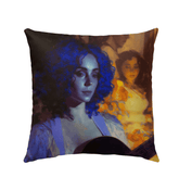 SurArt 82 Outdoor Pillow on a garden bench, showcasing its vibrant design and resilience in outdoor living spaces.